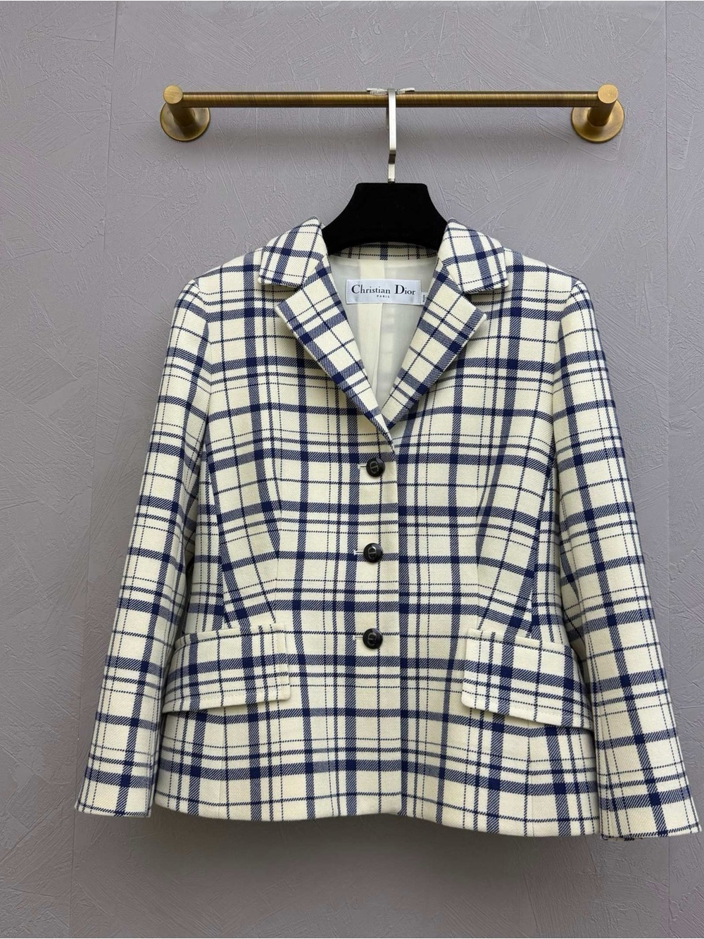🚩steal Dior Cream and Navy Plaid Wool Blazer